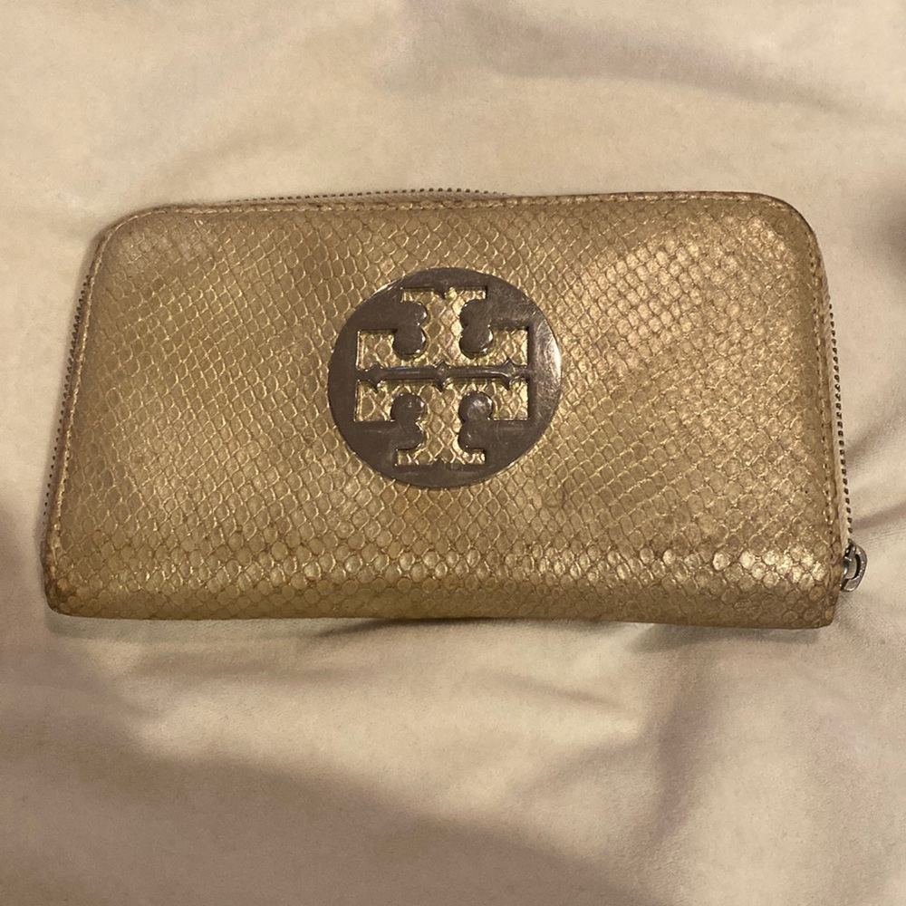 Gold Tory Burch Long Gold Snakeskin Wallet